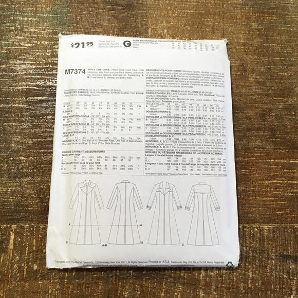 McCalls Sewing Pattern M7374 Mens Cosplay Trench Coat Jacket Gambit 46-52 UNCUT - Picture 2 of 4